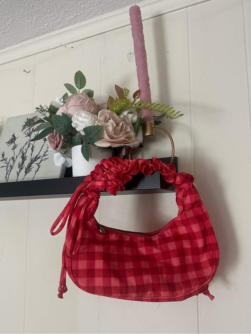 NWT Molly Goddard Baggu Mini Crescent Shoulder Bag Pink Red Gingham Ruffle Strap